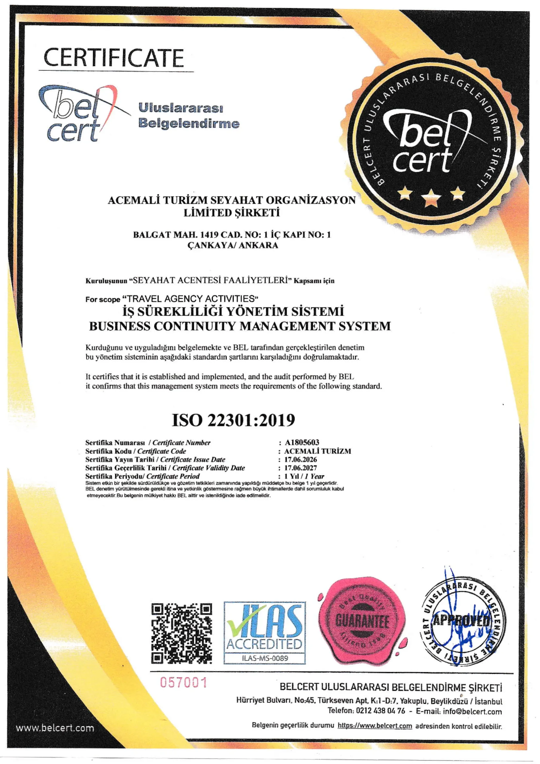 ISO 22301:2019 İş Sürekliliği Yönetim Sistemi Sertifikası