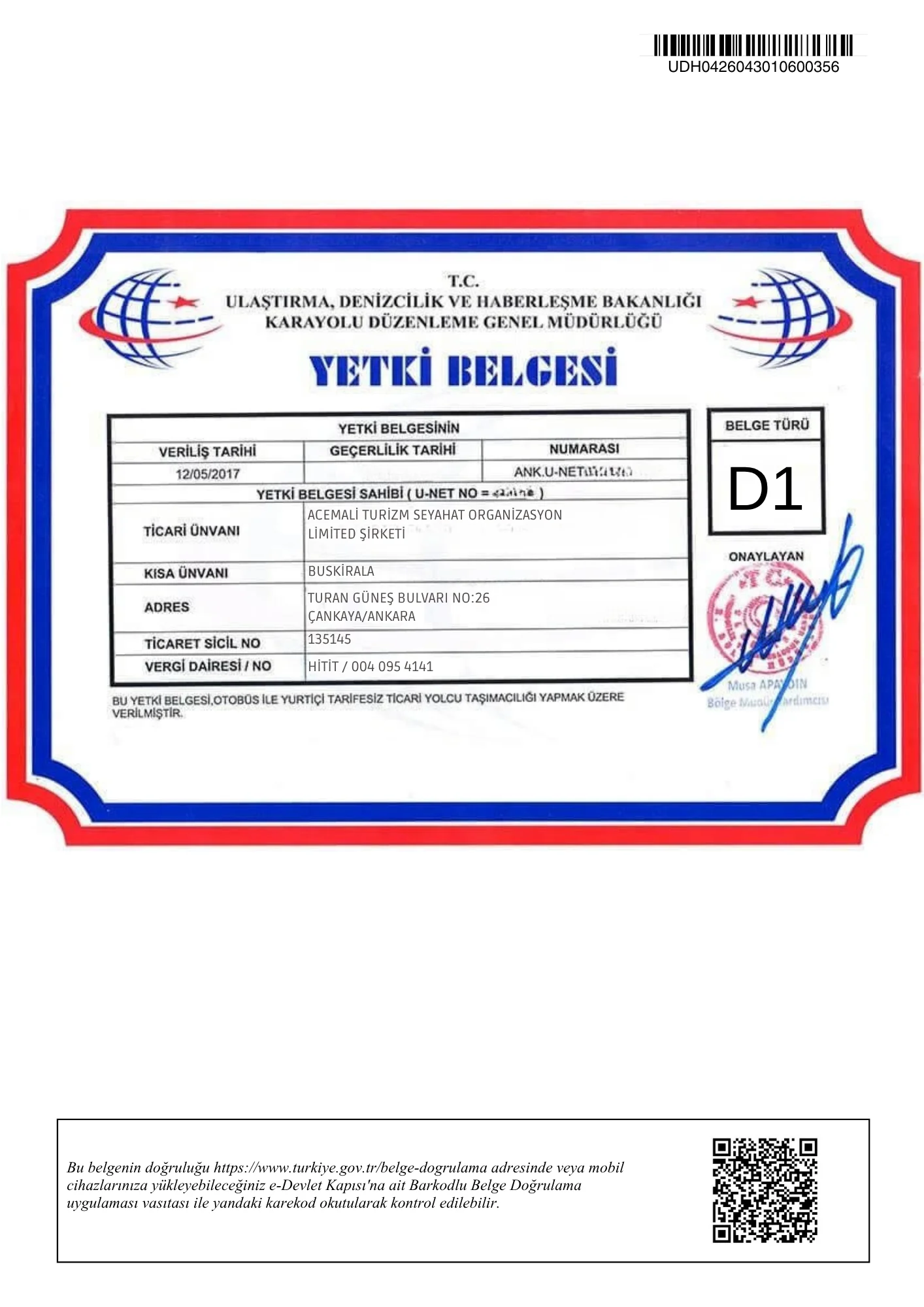 D1 Yetki Belgesi