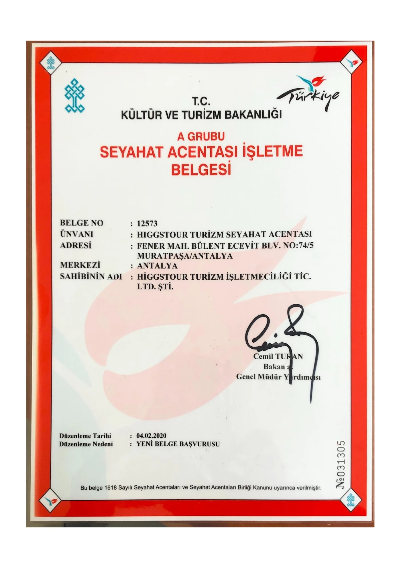TÜRSAB Seyahat Acentası İşletme Belgesi